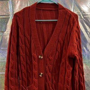 Rust Red Cable Knit Long Button Cardigan w Pockets Size L